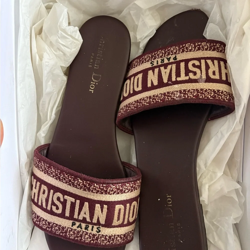 Dior Burgundy and Cream Logo Slide Sandals - Picture 1 of 3
